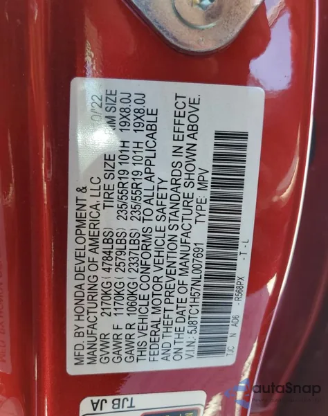 2022 Acura Rdx Technology z USA, uszkodzony, nr VIN 5J8TC1H57NL007691